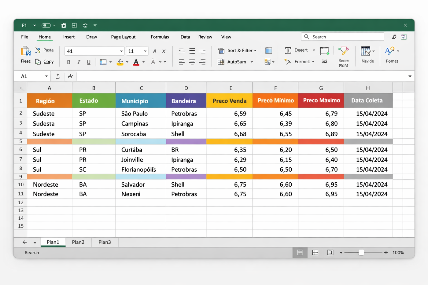 Representação de uma planilha